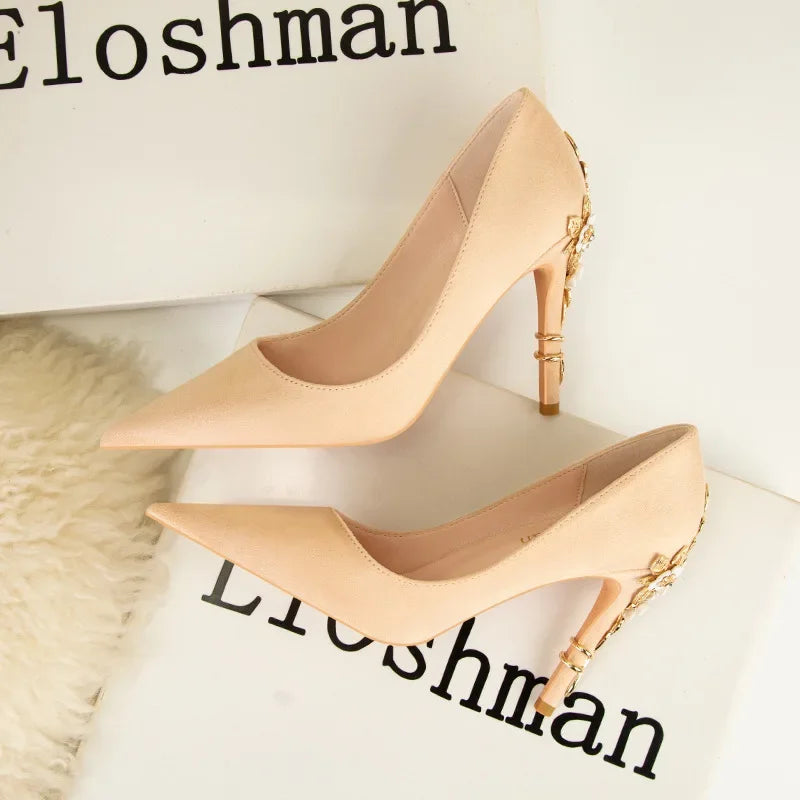 Women's Metal Flower Pointed High Heel Banquet Heels