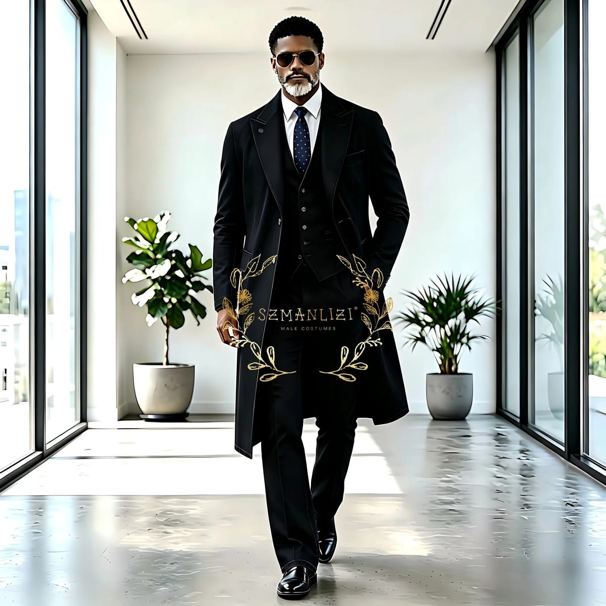 Men black denim 3-piece tuxedo suit product photo