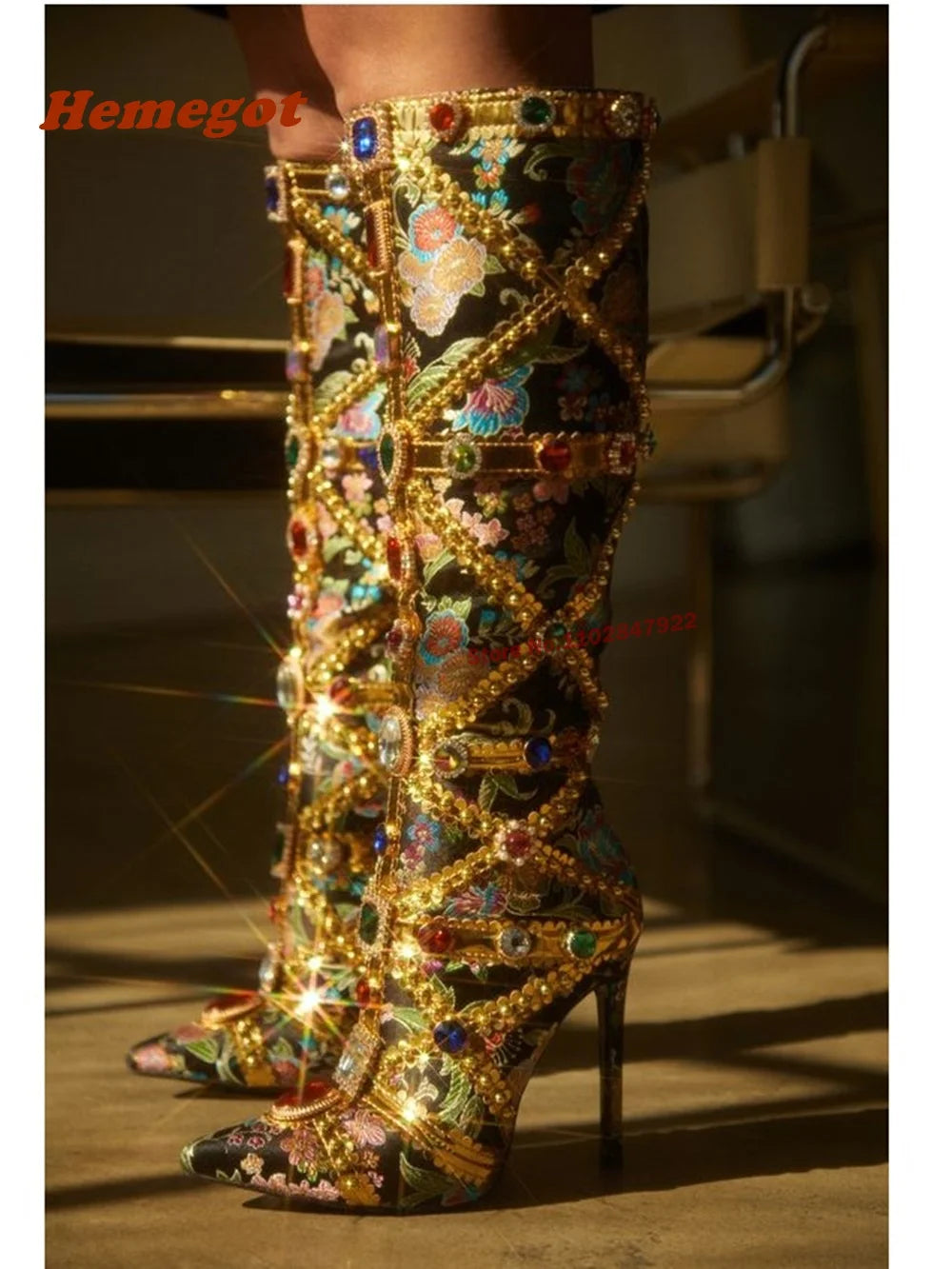 Women's Pointed Toe Rhinestone Gold Knee-High Heeled Boots