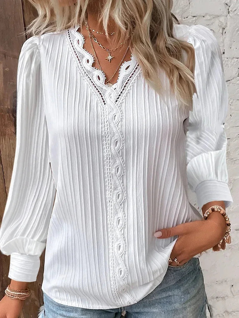 Women's Hollow Lace Patchwork V-Neck Long Sleeve Blouse