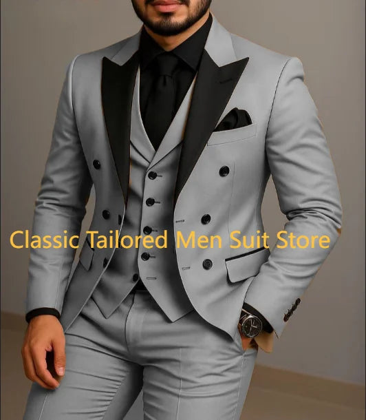 Men's beige double breasted wedding suit alternate angle