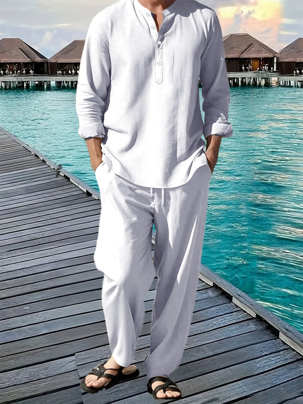 Men's Solid Hawaiian Beach Shirt and Jogger Pants Set
