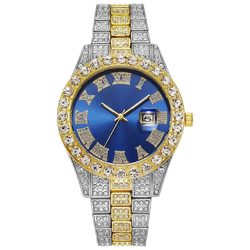 Men's Gold Steel Strap Roman Rhinestone Calendar Quartz Watch