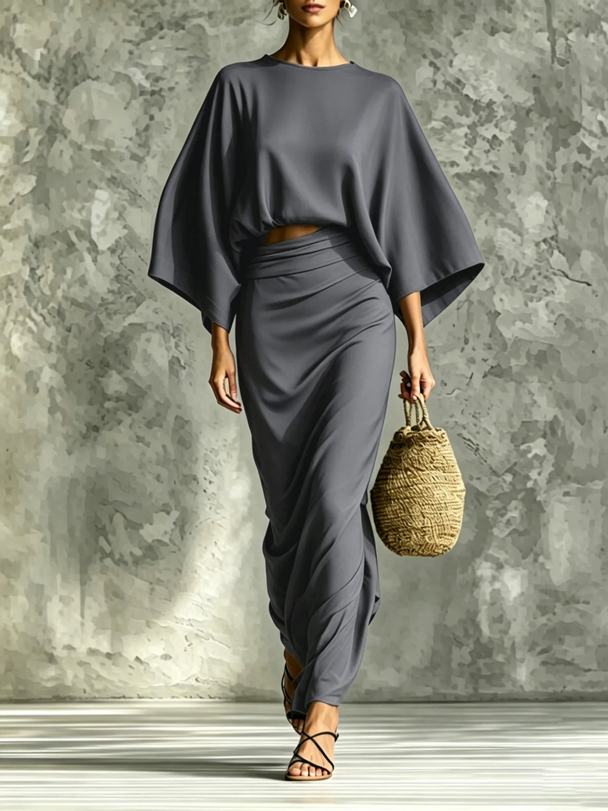 Two-Piece Woman High-Waist Chic Dress Set, Round Neck Three-Quarter Sleeve Short Top and Skirt Set