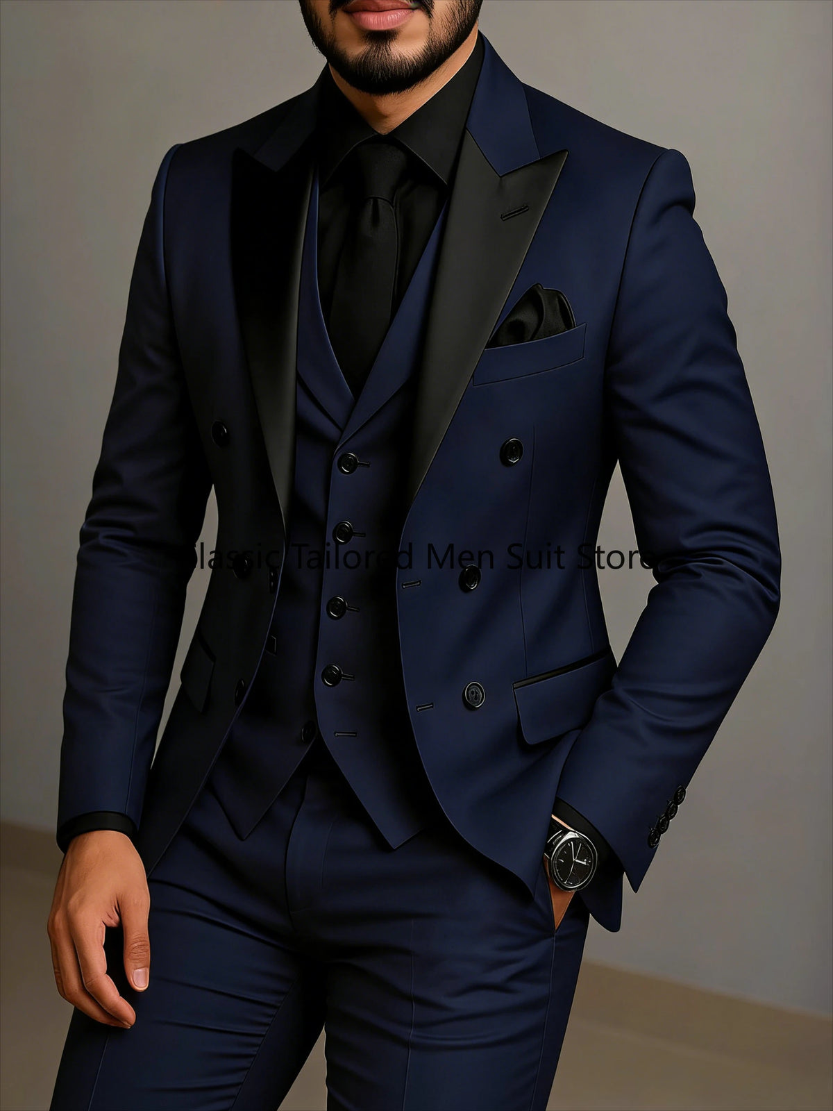 Beige Double Breasted Suit Black Lapel Slim Fit Wedding Suit