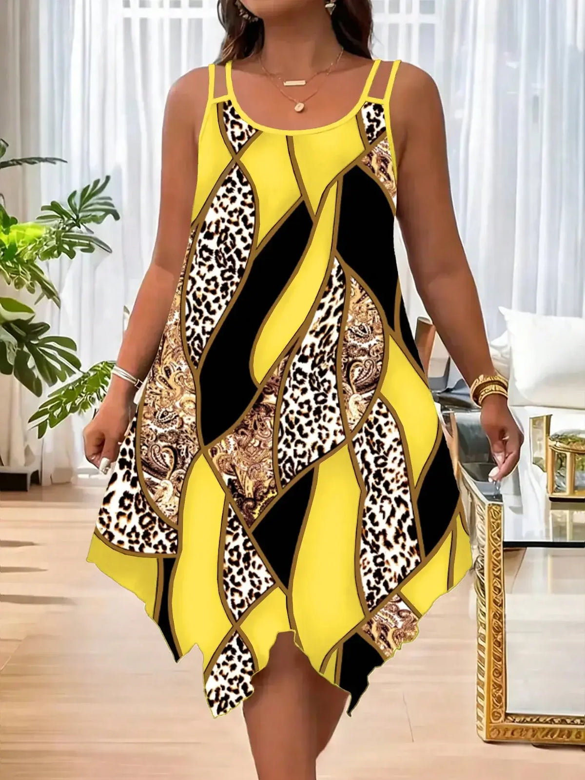 Women's Plus Size Asymmetrical Geometric Stripe Double-Strap Dress