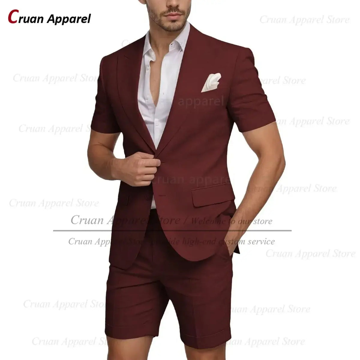 Men's Slim Fit Linen Beach Wedding Short Suit, 2-Piece
