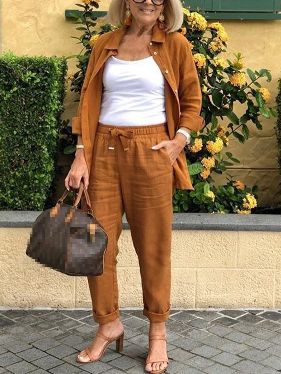 Women's Cotton Linen Shirt and Pants 2-Piece Set