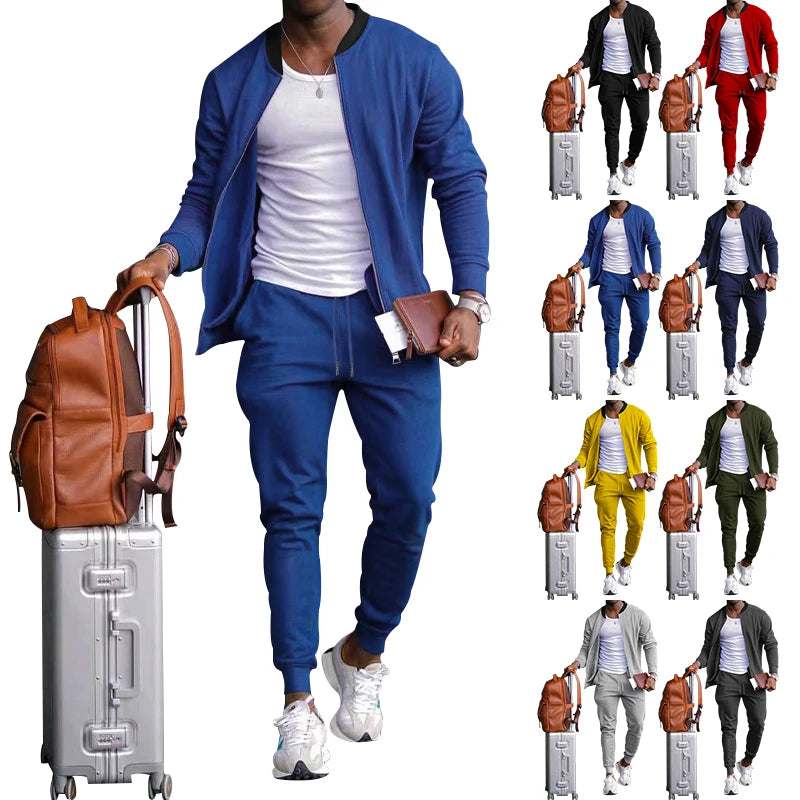 Men's Solid Stand-Collar Zip Jacket and Pants Set