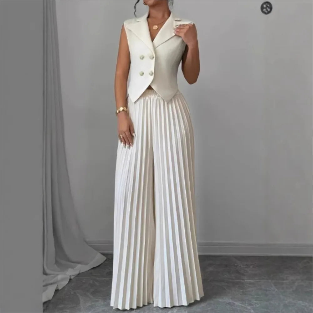Women's Solid Lapel Sleeveless Top and Trousers Two-Piece Set
