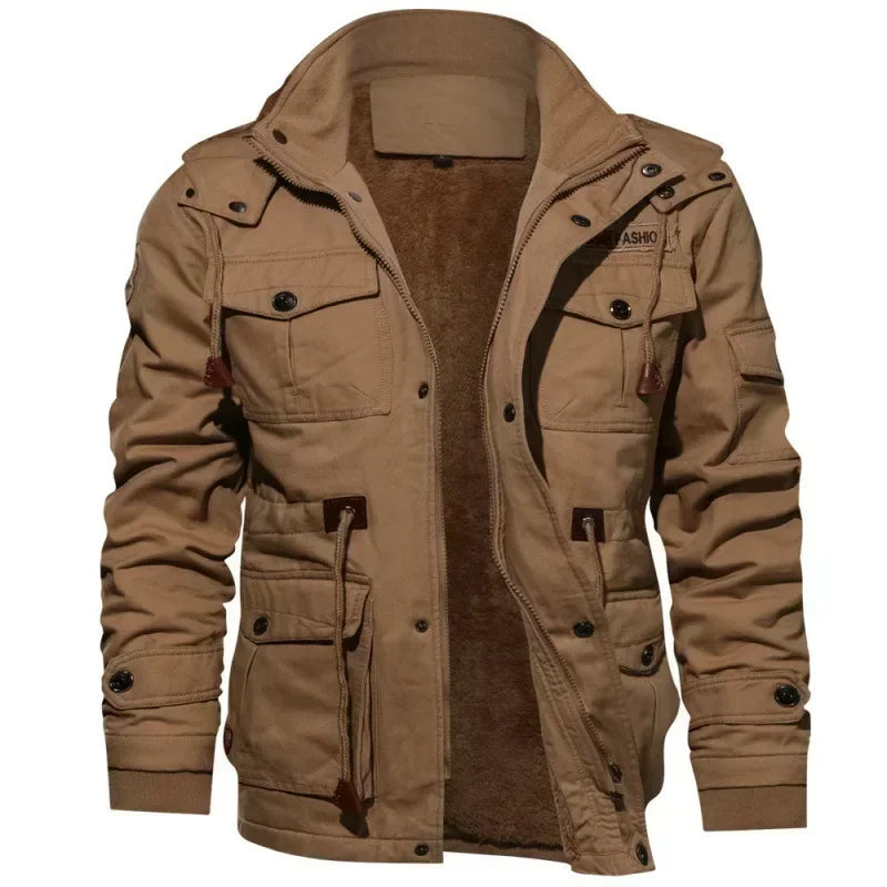 Men Fleece Fur Lined Thick Mid-Length Cotton Jacket Long Sleeve Autumn Winter Casual Jackets