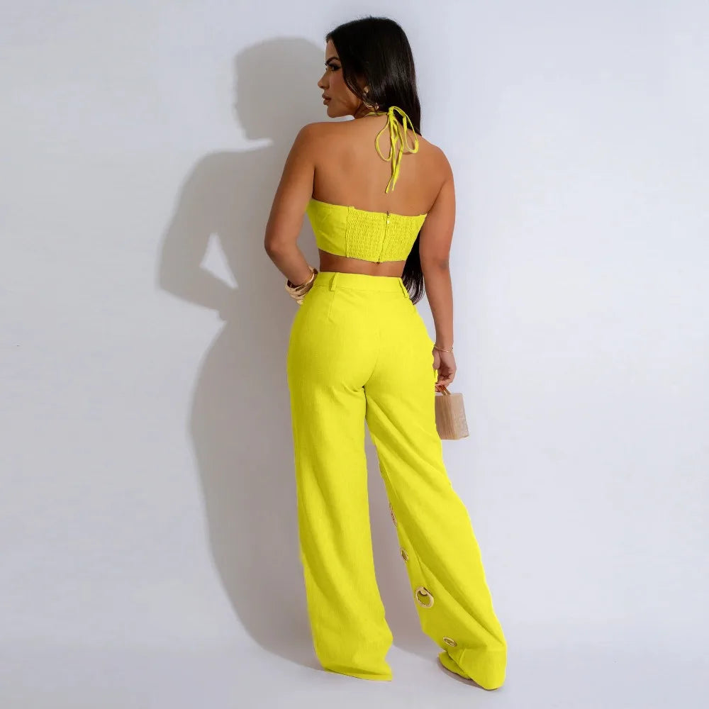 Women's Sequined Halter Top and Wide Leg Pants Set