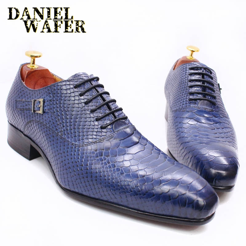 Men's Snake Print Leather Lace-Up Pointed Oxford Dress Shoes