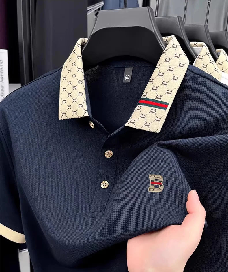 Men's B-Letter Embossed Color-Block Short Sleeve Polo Shirt