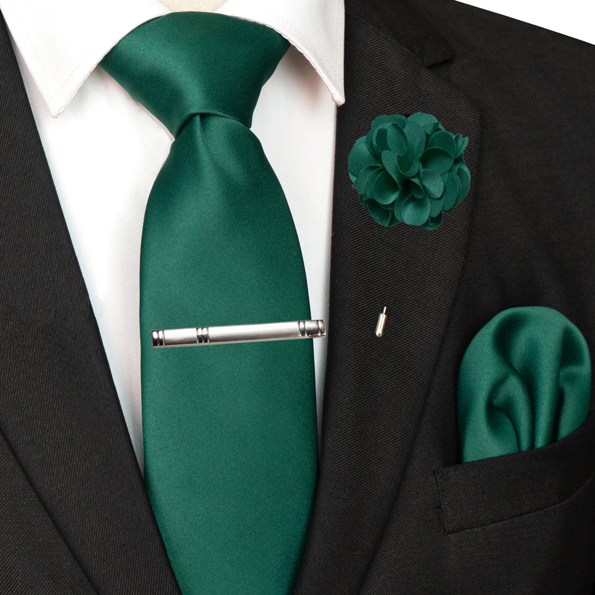 Men's Solid Color Tie Set with Lapel Pin and Pocket Square
