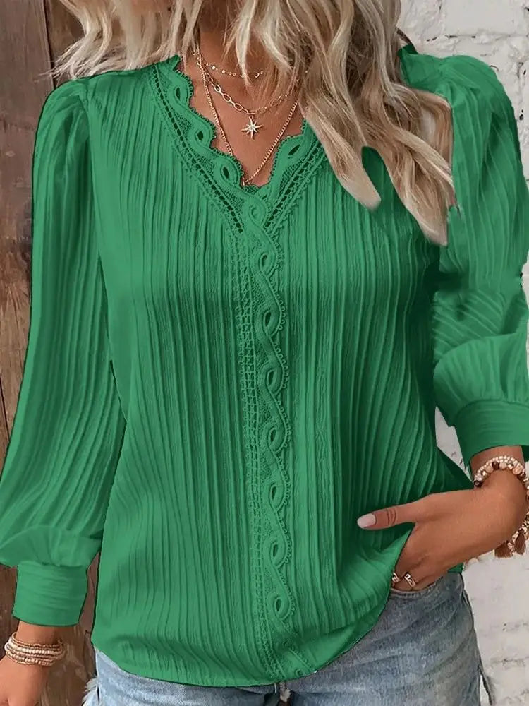 Women's Hollow Lace Patchwork V-Neck Long Sleeve Blouse