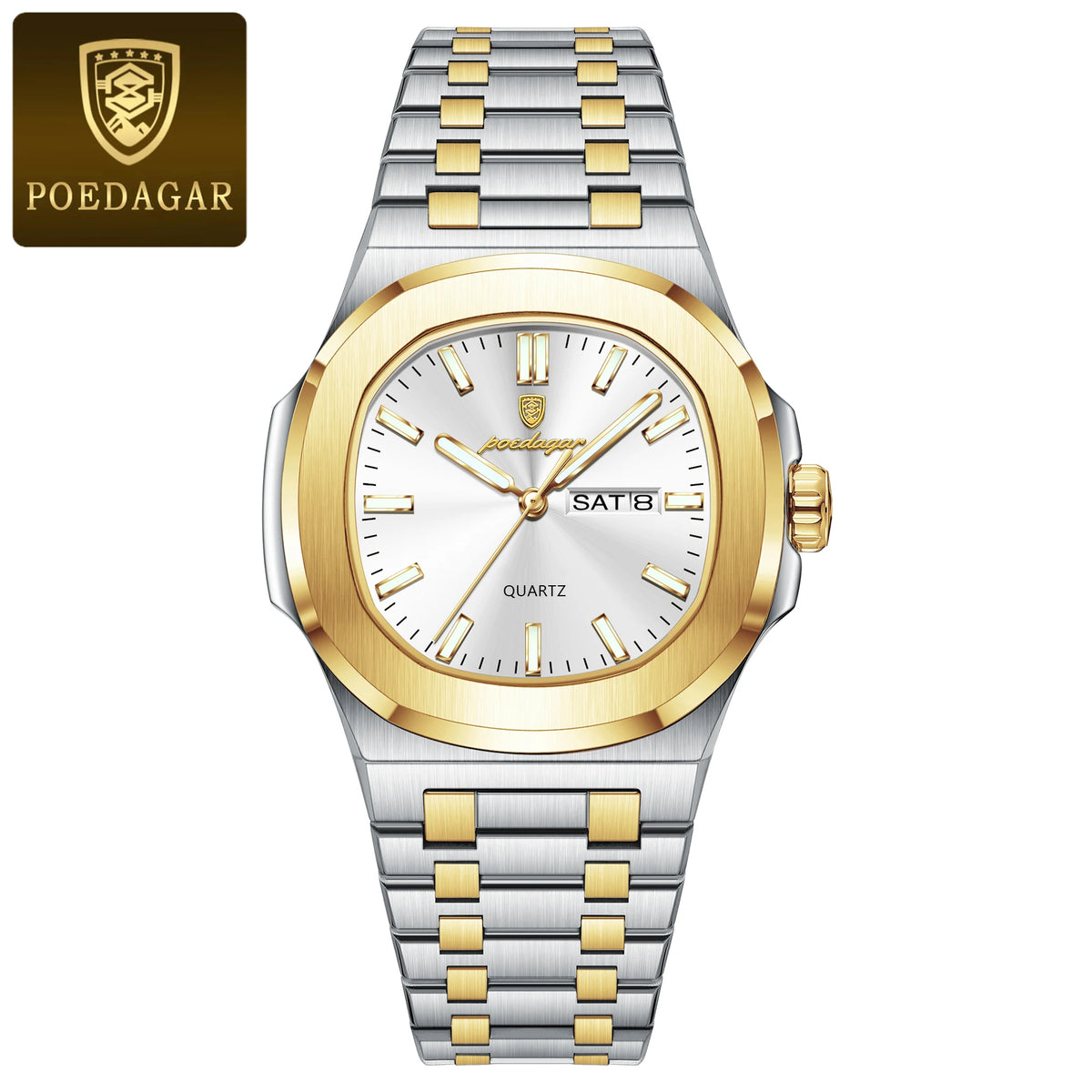 Men's Square Stainless Steel Date Week Quartz Wristwatch