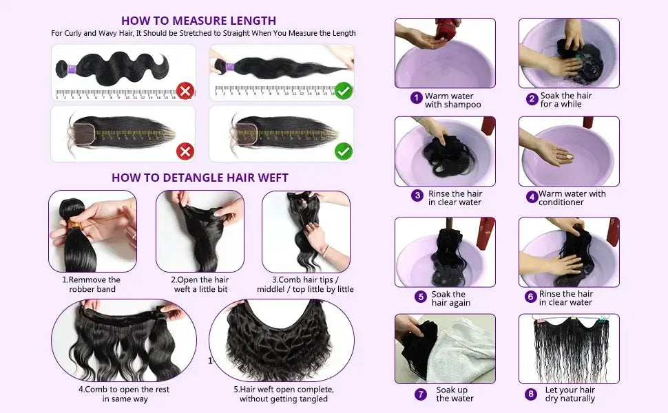 How to measure length and detangle 28 30 Inch Body Wave 100% Human Hair Bundles 16A Raw Virgin Brazilian Hair Weaving.