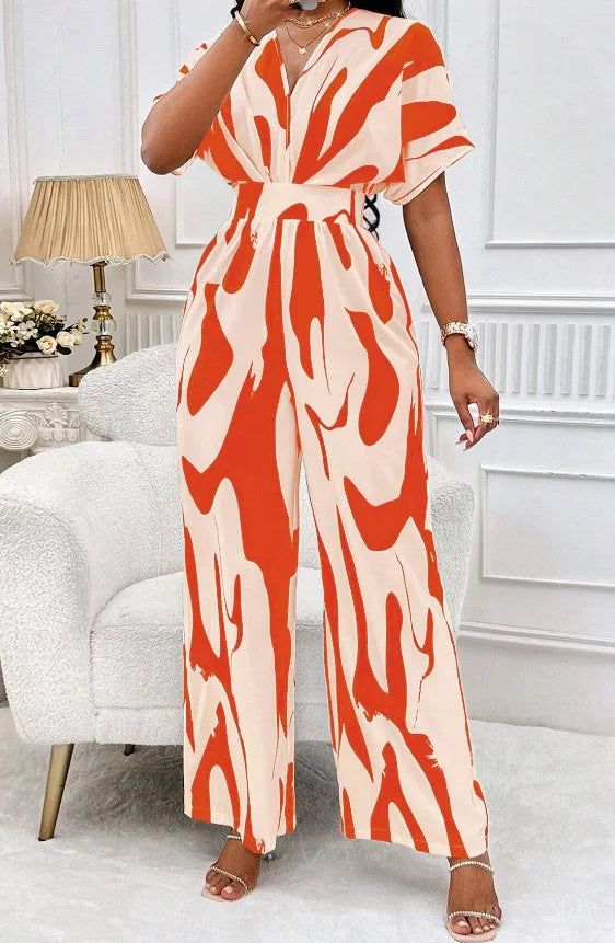 Women's V-Neck Short-Sleeve Printed Wide-Leg Jumpsuit