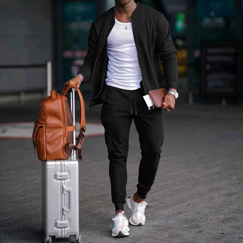 Men's Solid Stand-Collar Zip Jacket and Pants Set