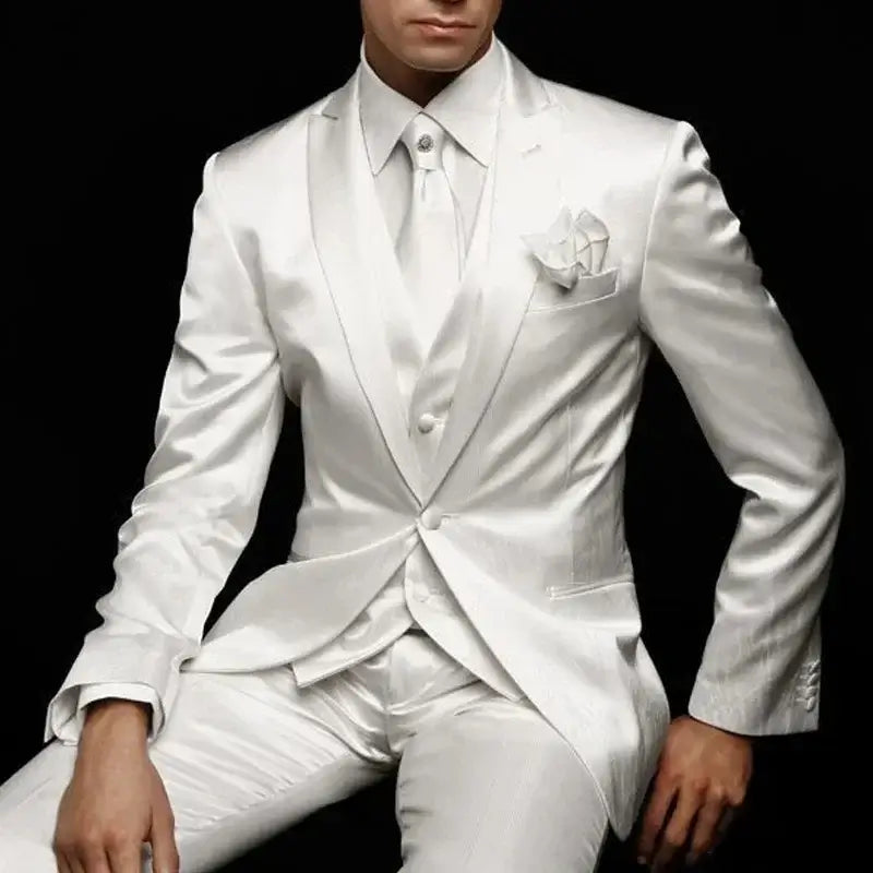 Men's White Slim 3-Piece Satin Wedding Tuxedo, Jacket Pants and Vest
