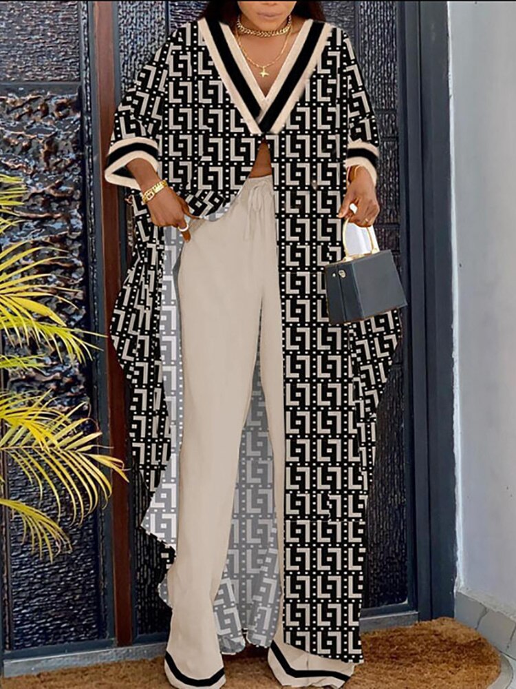 Women's Printed Elastic Waist Top and Pants Two-Piece Set