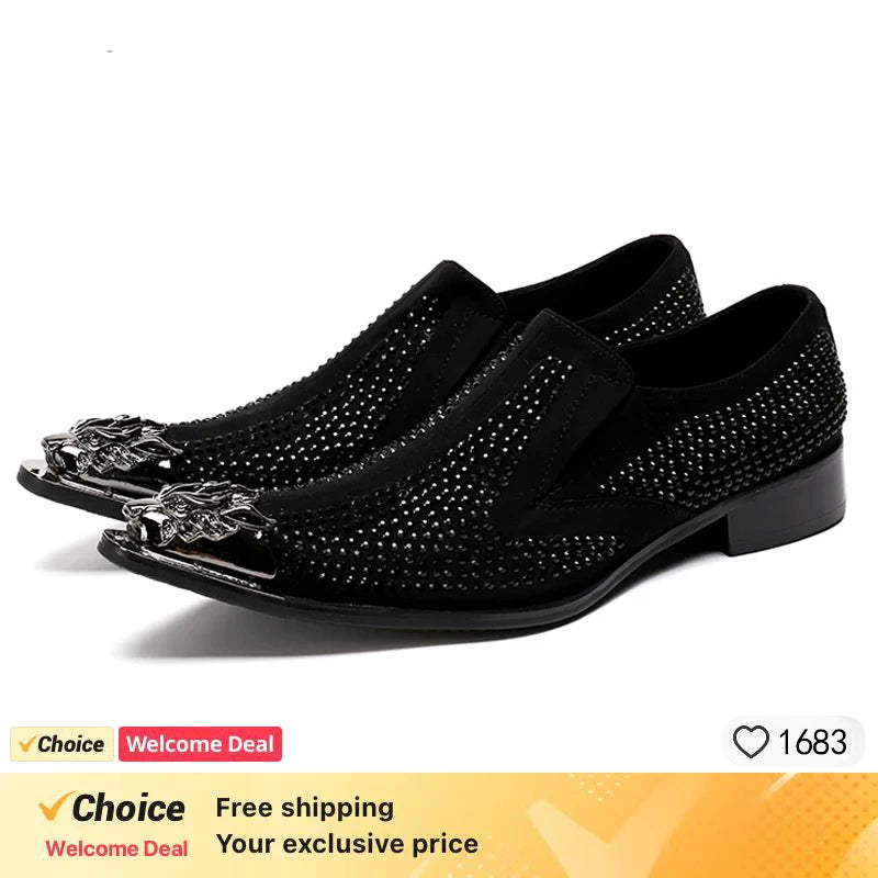 Men's Red Pointed Toe Crystal Leather Dress Shoes