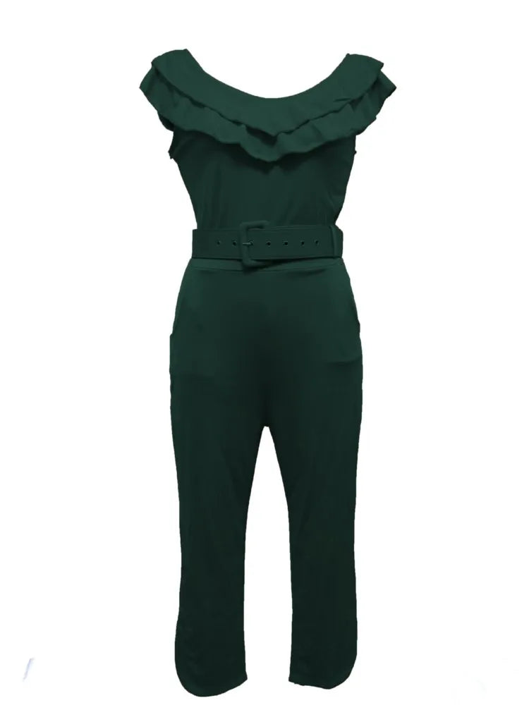 Women's Off-Shoulder Pleated Ruffle High-Waist Slim Jumpsuit Romper