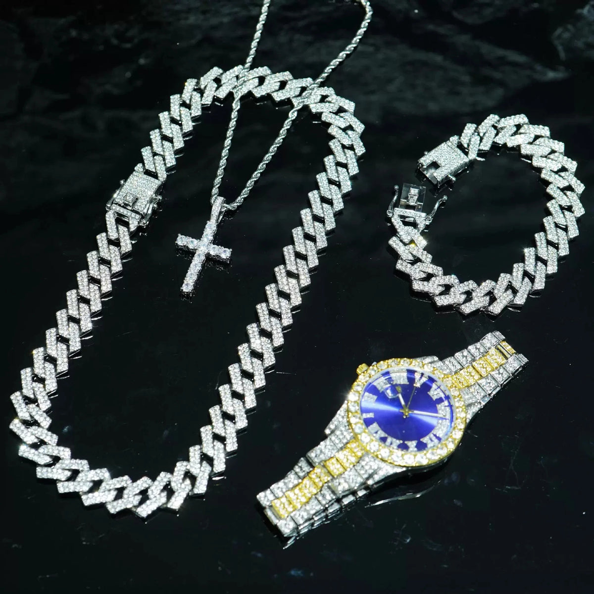 Men's Bling Quartz Watch and Cuban Chain Necklace Set