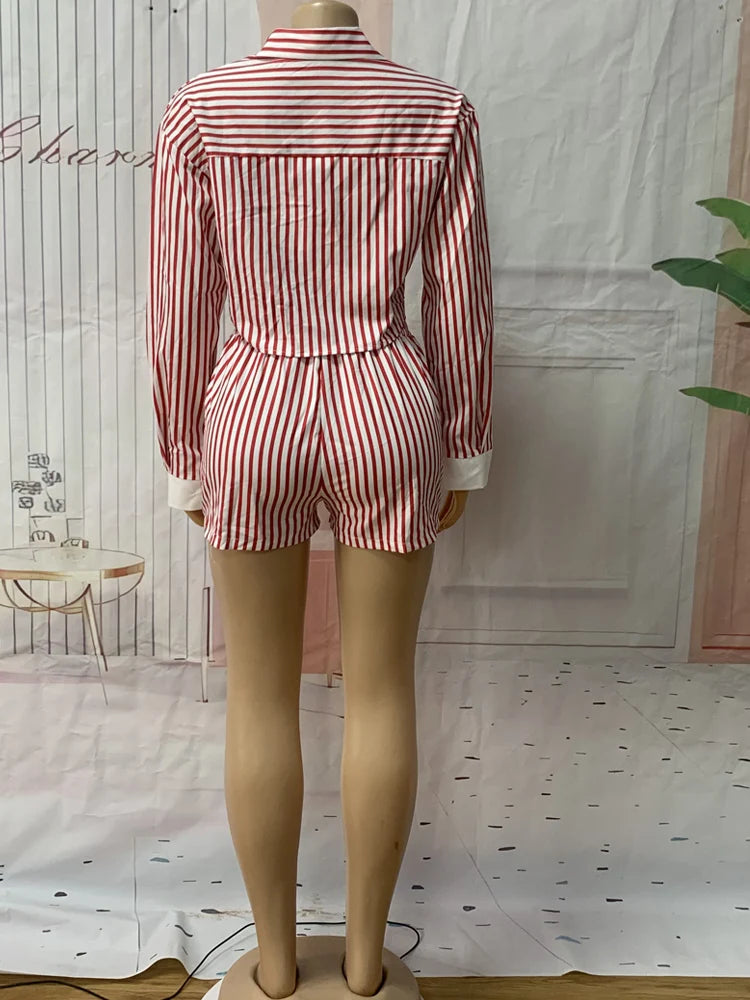 Women's Red Striped Blouse and Matching Shorts 2-Piece Set
