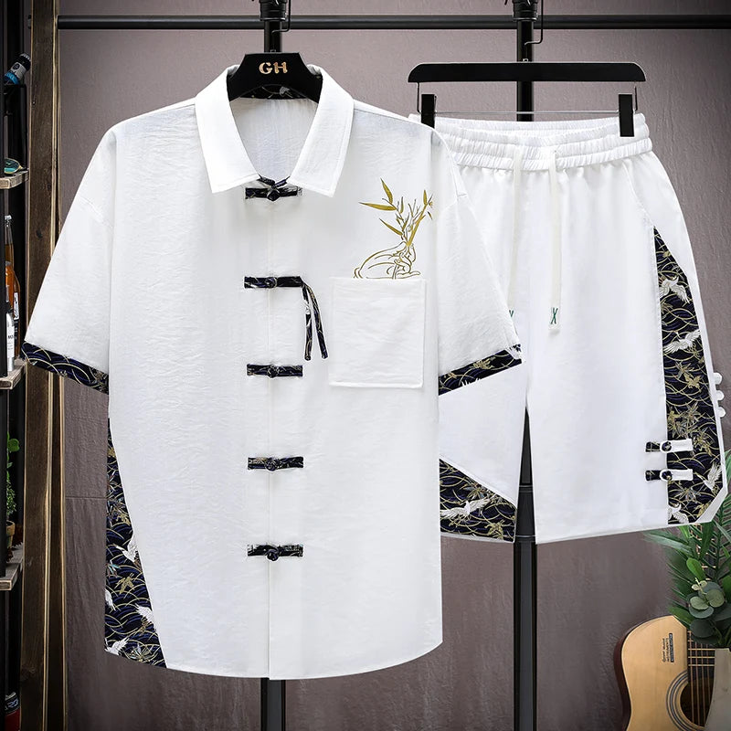 Men's Print Short-Sleeve Shirt and Shorts Two-Piece Set