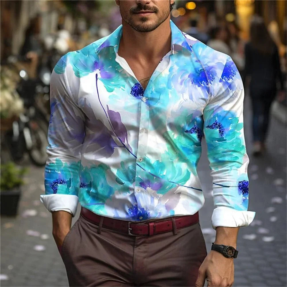 Men's 3D Leaf Print Lapel Long Sleeve Button Shirt