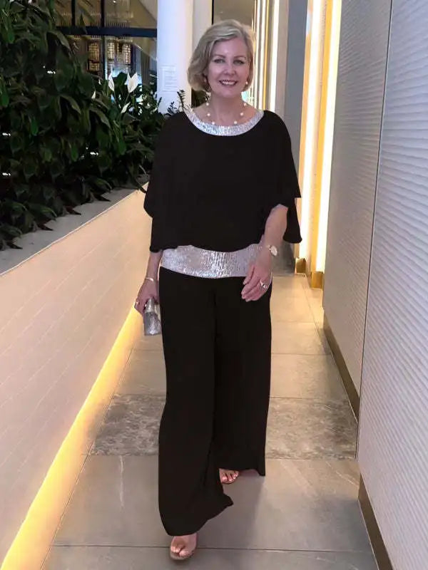 Women's Color-Block Glitter Batwing Top and Wide-Leg Pants Set