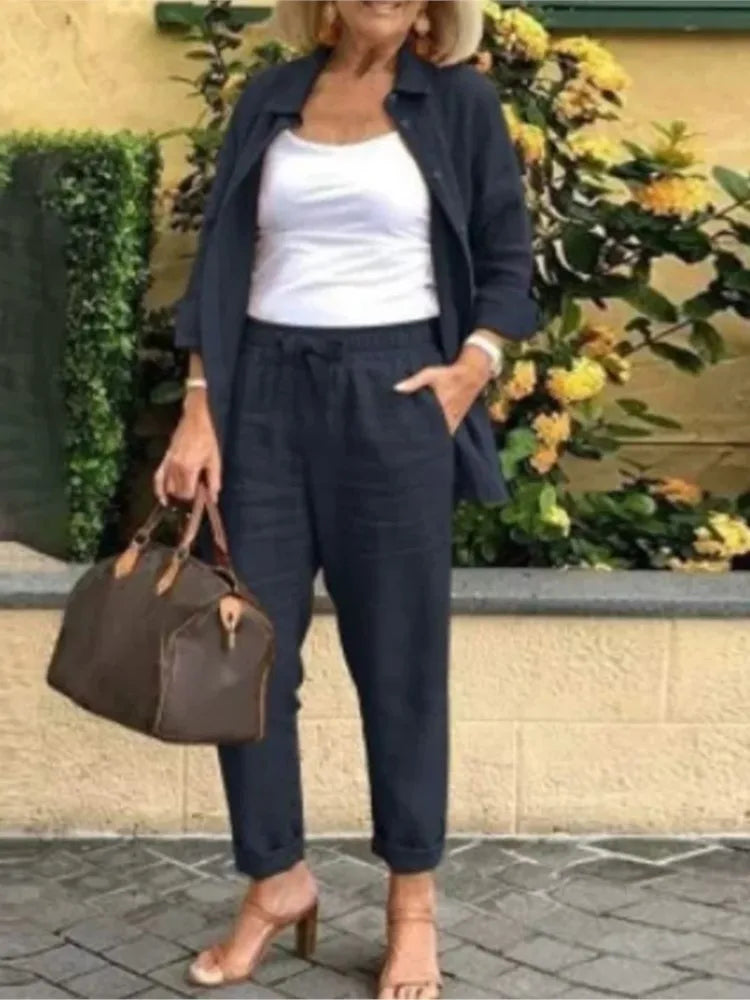 Women's Cotton Linen Shirt and Pants 2-Piece Set