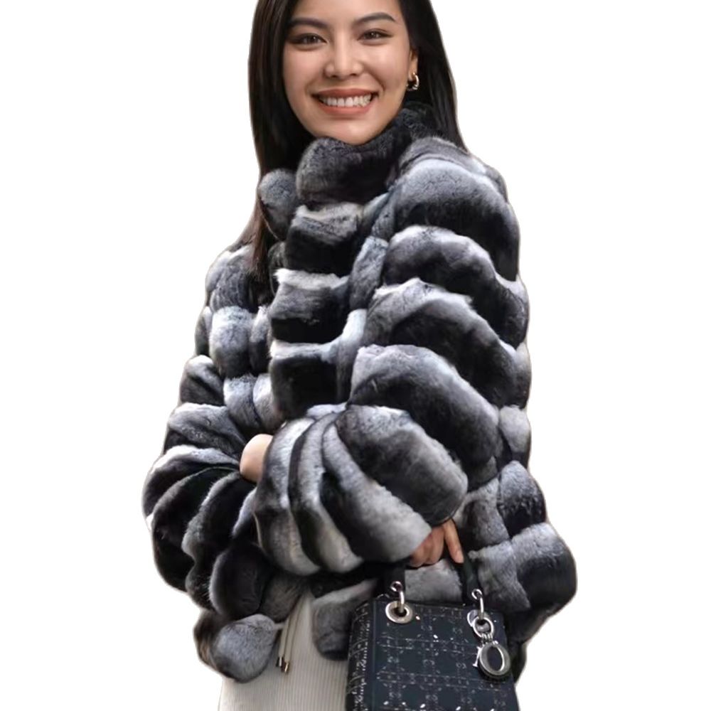 Women's Rex Rabbit Fur Chinchilla Stripe Winter Coat