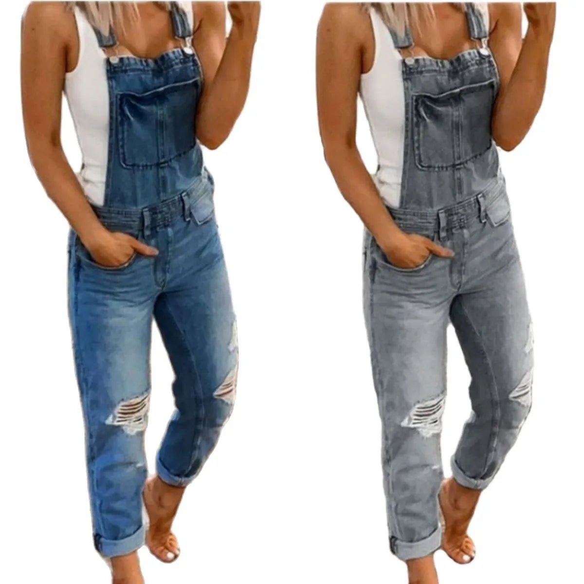 Women's Ripped Suspenders Denim Jumpsuit