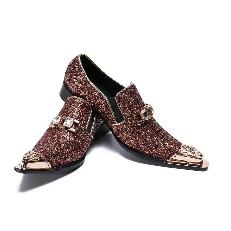 Men's Glitter Gold Italian Pointed Leather Wedding Dress Shoes