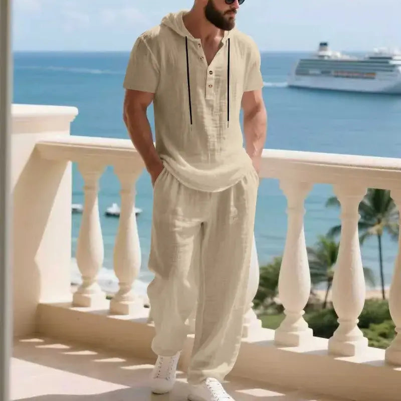 Men's Summer Linen Short Sleeve Hoodie and Loose Pants Set