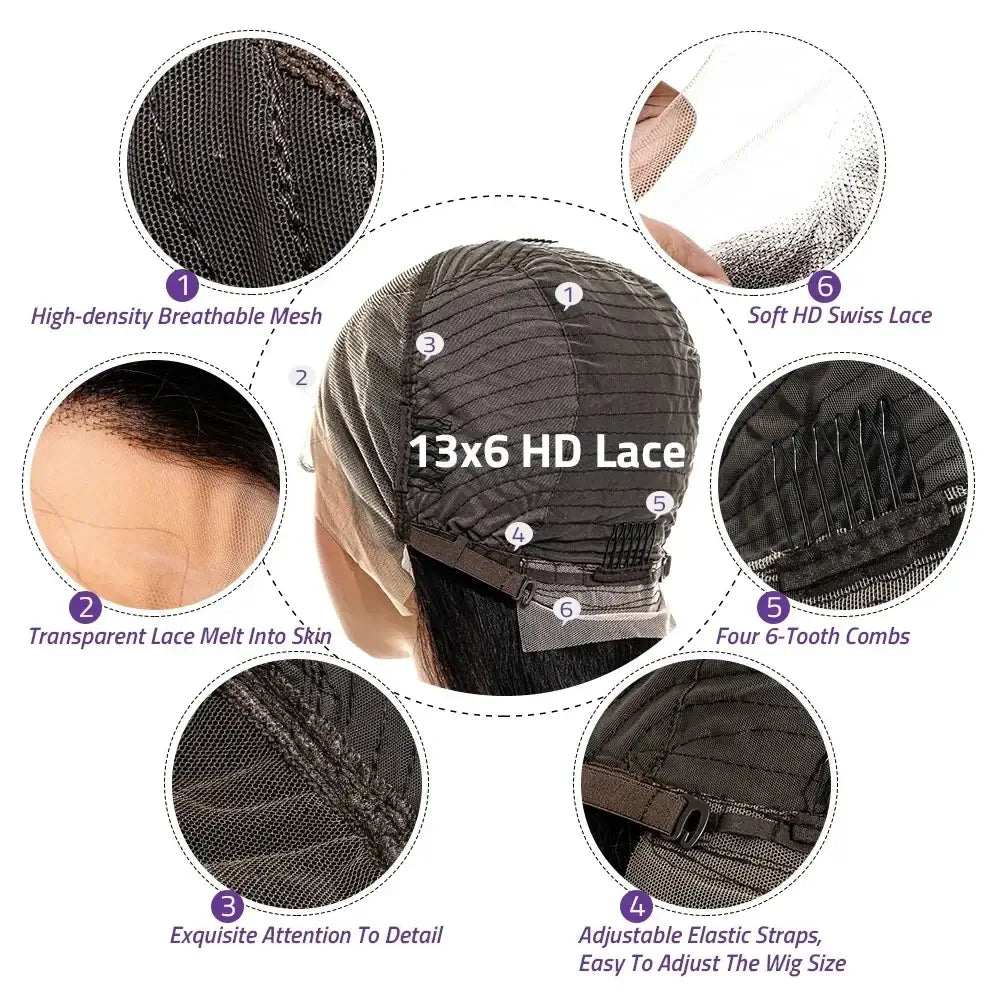 13x6 HD Transparent Bone Straight Lace Frontal Wigs 5x5 Glueless Wear and Go Human Hair Wig 220 Density for Women 30 40 Inch cap details
