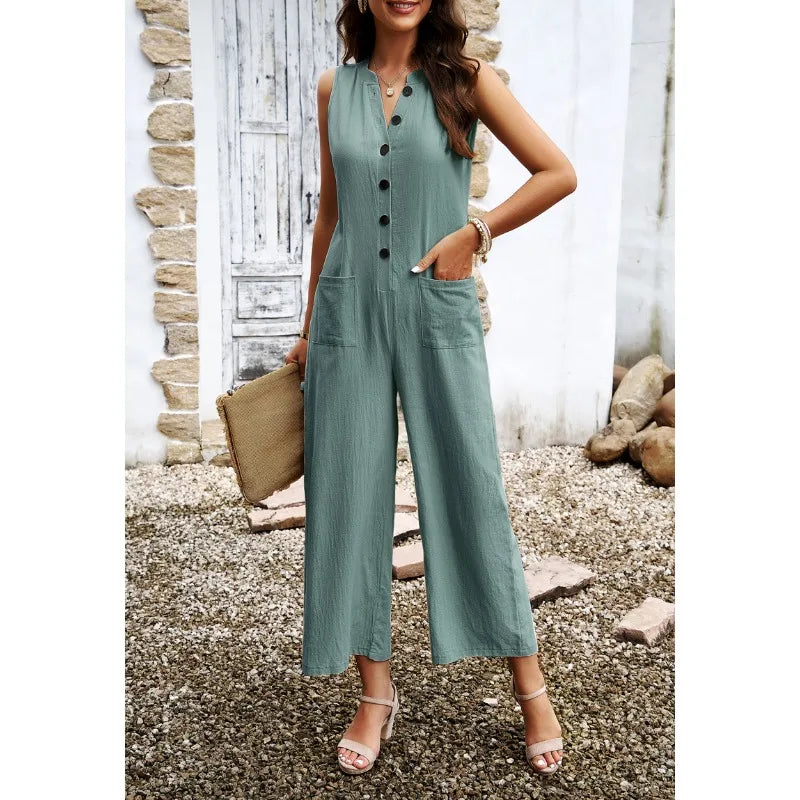 Women's Wide-Leg Button-Pocket Commuter Jumpsuit