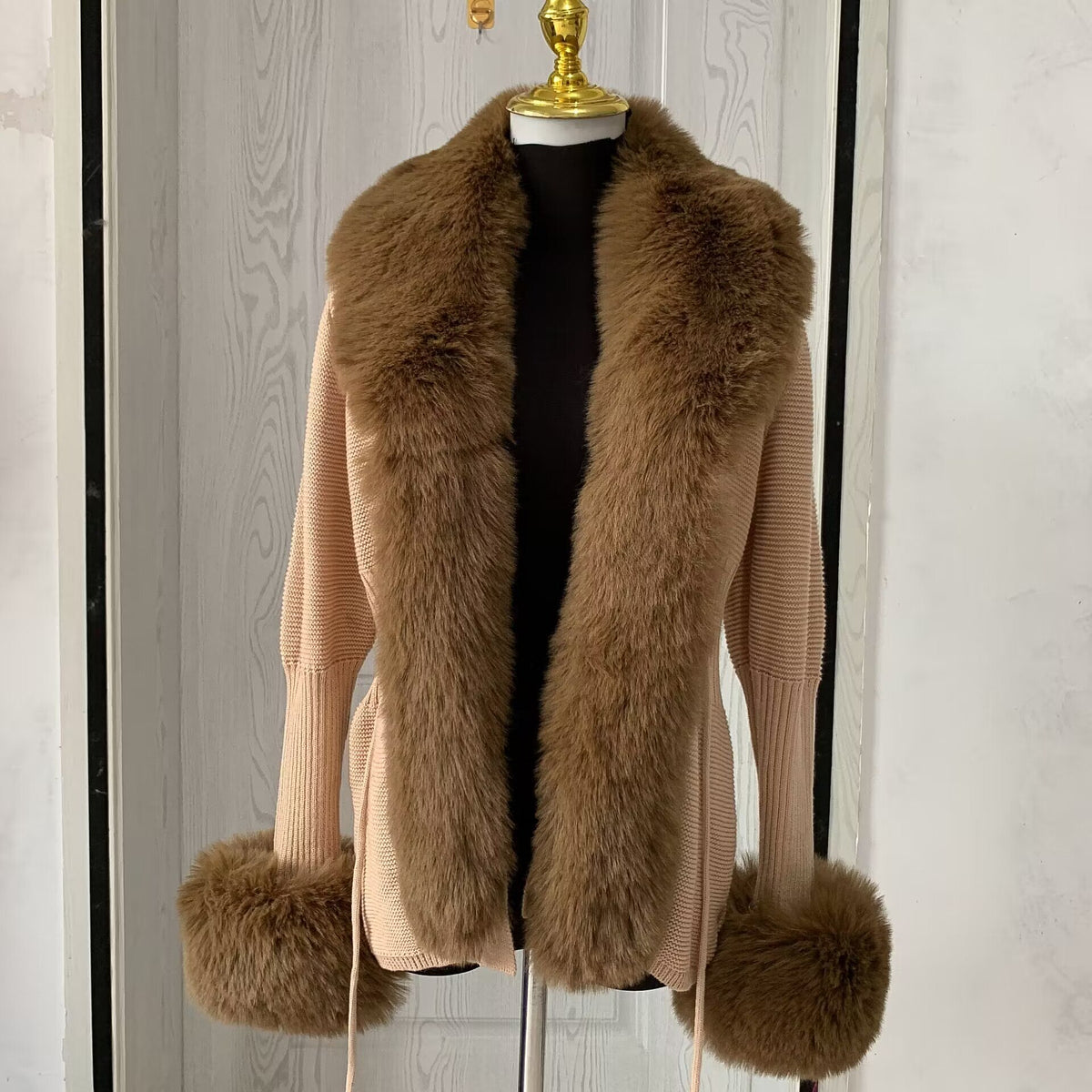 Women's Faux Fox-Fur Knit Cardigan, Autumn-Winter Fur Collar