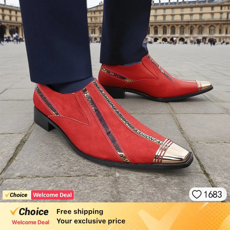 Men's Red Pointed Toe Crystal Leather Dress Shoes