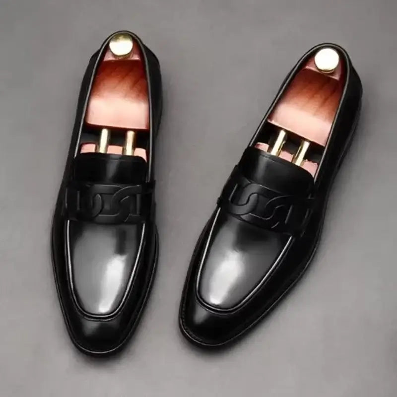 Men's Metal Buckle Genuine Leather Slip-On Wedding Dress Shoes