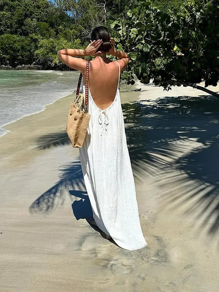 Women's Backless Lace-Up Spaghetti Strap Beach Maxi Dress