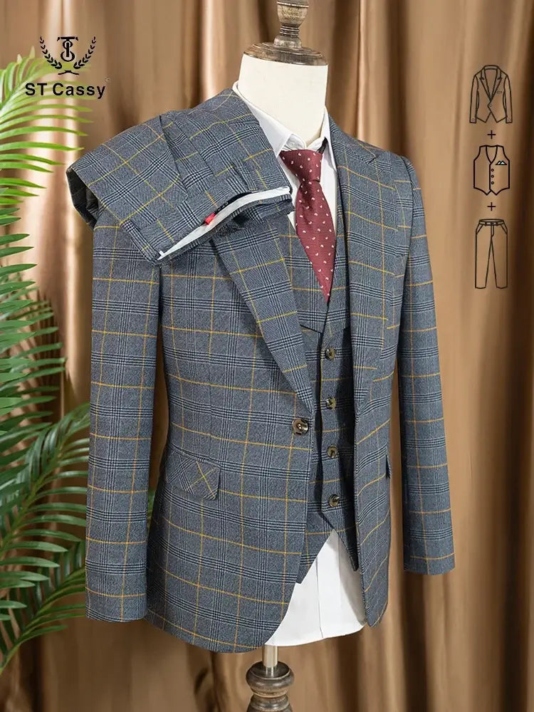 Men's 3-Piece Checkered Business and Wedding Suit