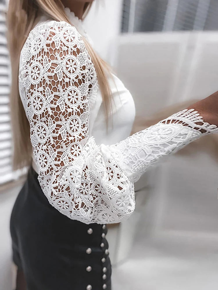 Women's White Collared Lace Patchwork Button-Up Blouse
