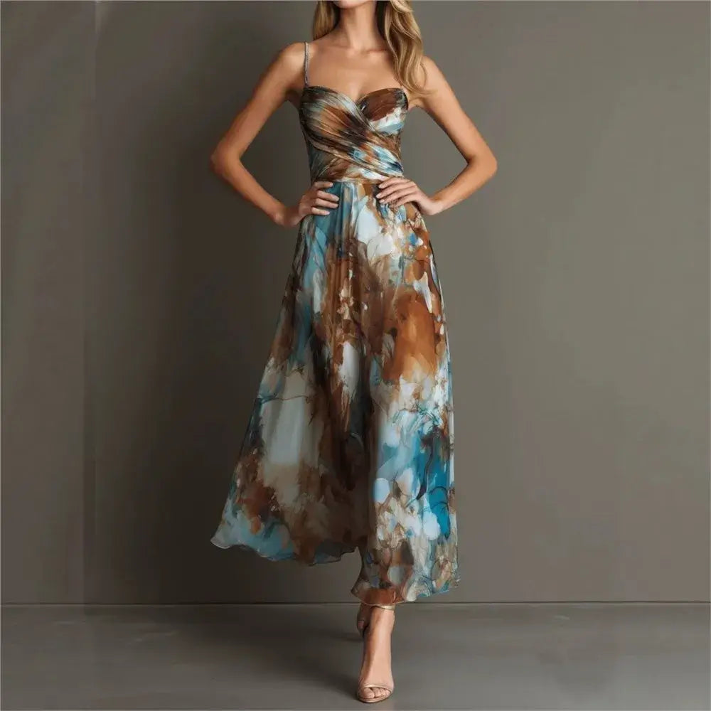 Women's Strap Beach Print Backless Long Dress