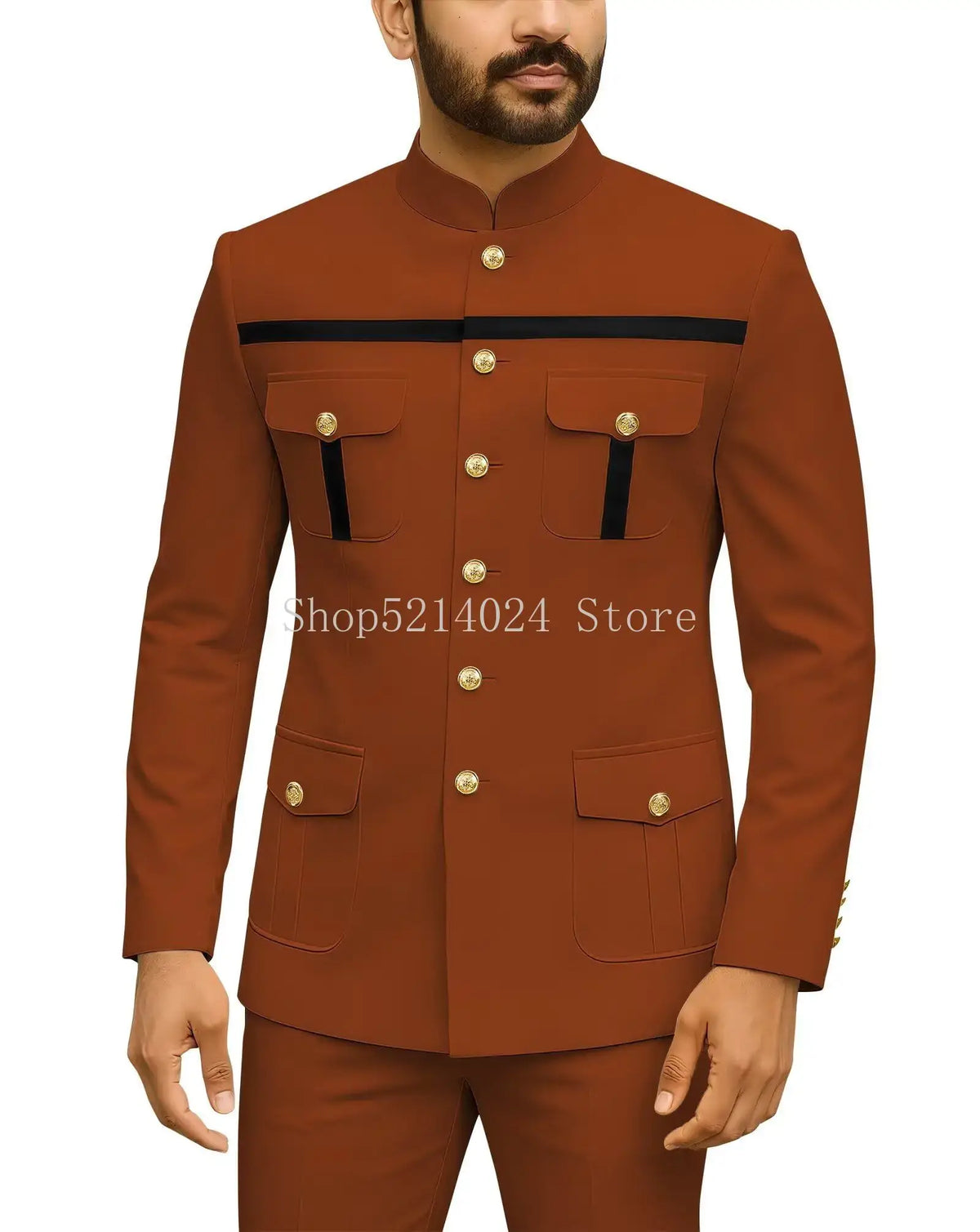 Mens Safari Suit 2 Piece Regular Fit Chinese Suit Stand Collar Gold Button Blazer Pants Set African Outfits