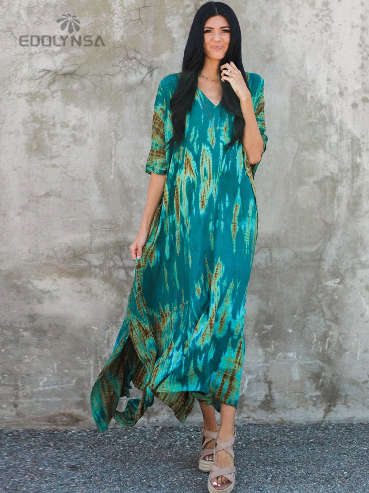 Women's Bohemian Printed V-Neck Batwing Split Maxi Dress