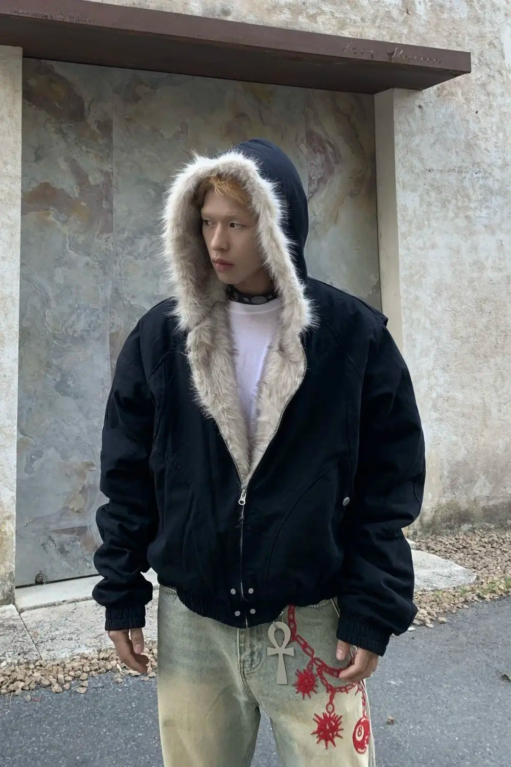 Men's Wool Collar Hooded Winter Cotton Jacket
